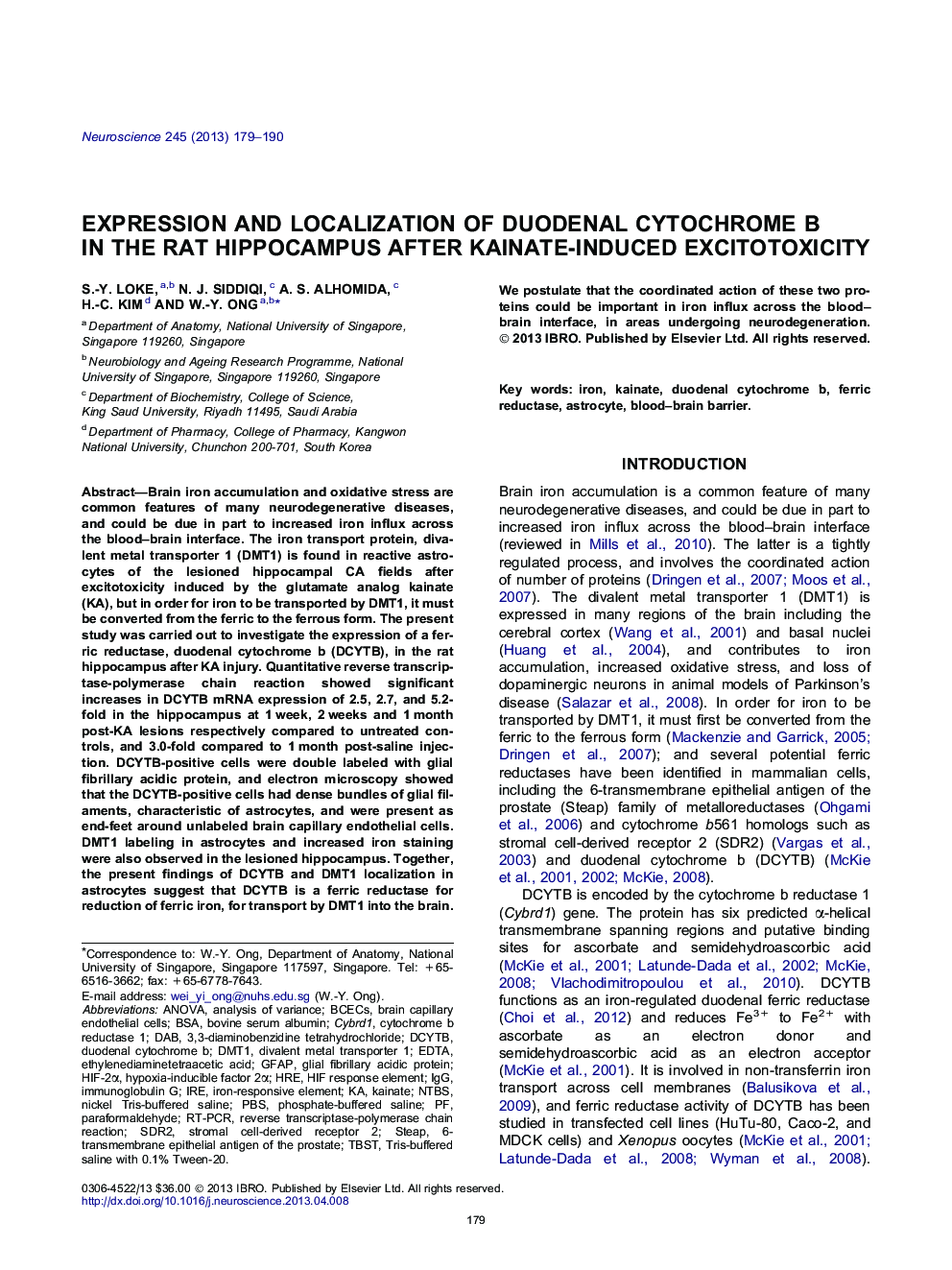 Expression and localization of duodenal cytochrome b in the rat hippocampus after kainate-induced excitotoxicity