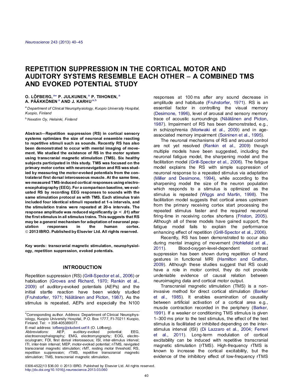 Repetition suppression in the cortical motor and auditory systems resemble each other – A combined TMS and evoked potential study