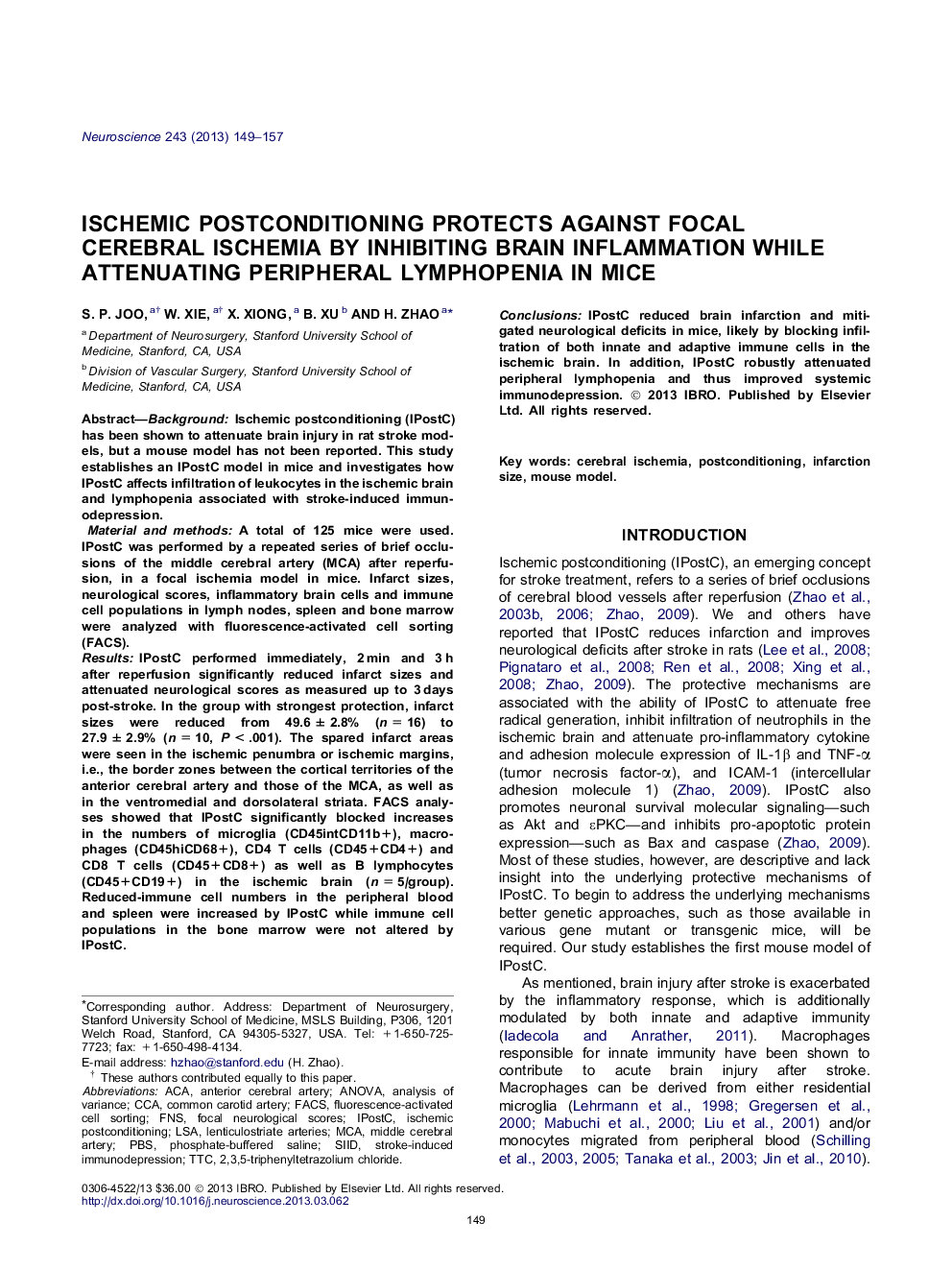 Ischemic postconditioning protects against focal cerebral ischemia by inhibiting brain inflammation while attenuating peripheral lymphopenia in mice