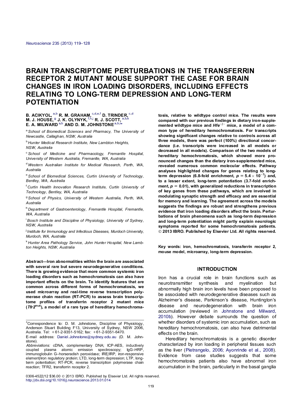 Brain transcriptome perturbations in the transferrin receptor 2 mutant mouse support the case for brain changes in iron loading disorders, including effects relating to long-term depression and long-term potentiation