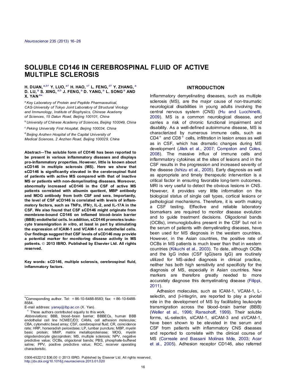 Soluble CD146 in cerebrospinal fluid of active multiple sclerosis