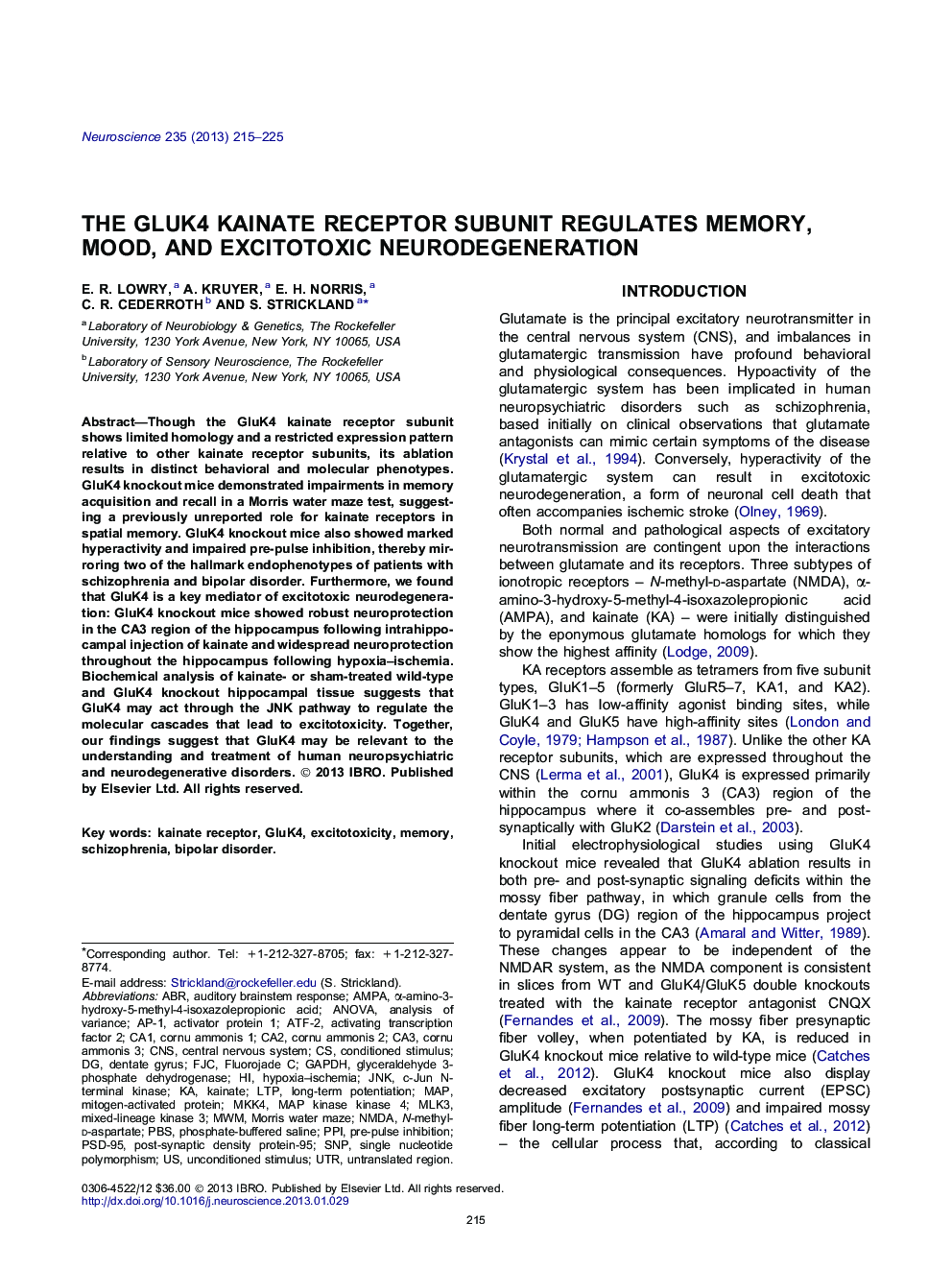 The GluK4 kainate receptor subunit regulates memory, mood, and excitotoxic neurodegeneration