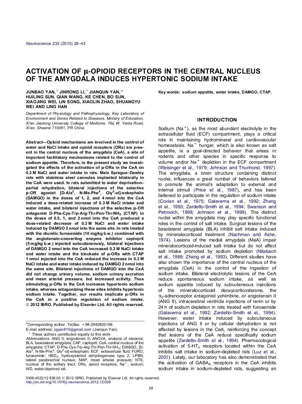 Activation of μ-opioid receptors in the central nucleus of the amygdala induces hypertonic sodium intake