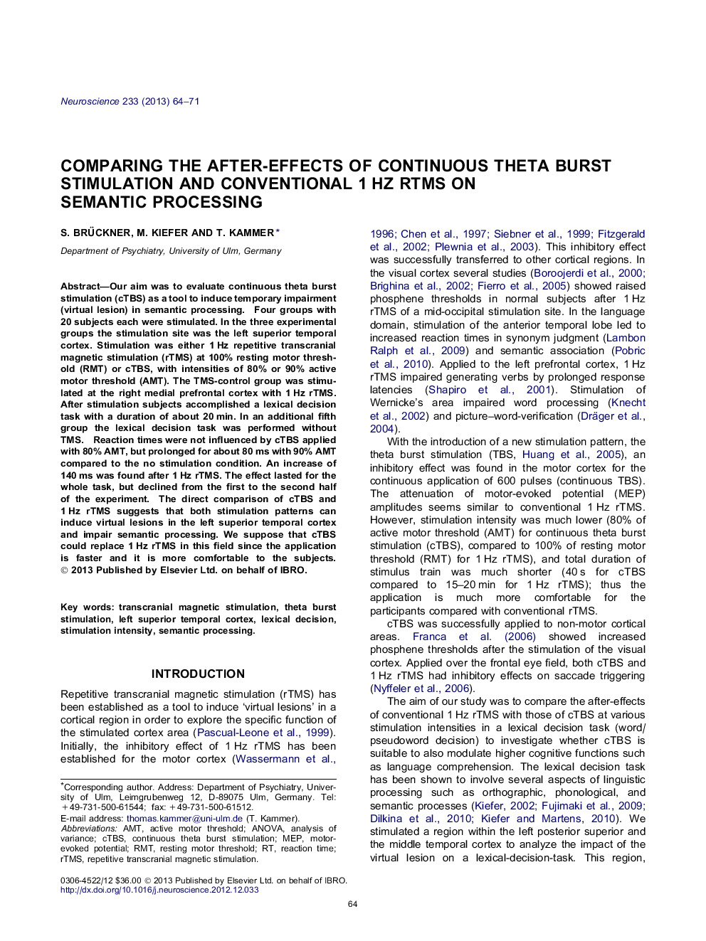 عکس صفحه اول مقاله: Comparing the after-effects of continuous theta burst stimulation and conventional 1Â Hz rTMS on semantic processing Comparing the after-effects of continuous theta burst stimulation and conventional 1Â Hz rTMS on semantic processing