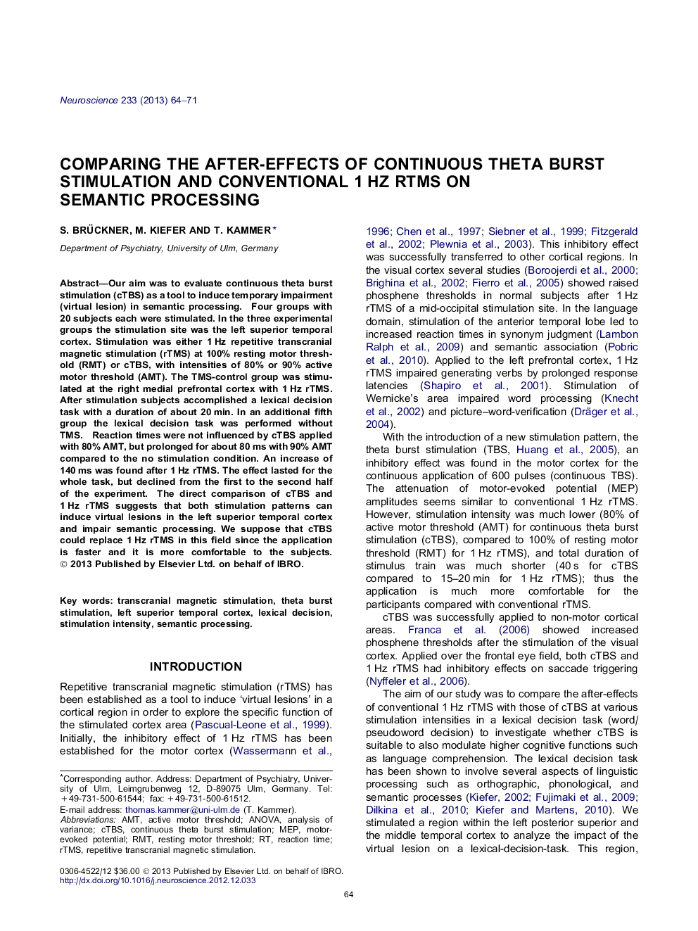 Comparing the after-effects of continuous theta burst stimulation and conventional 1Â Hz rTMS on semantic processing