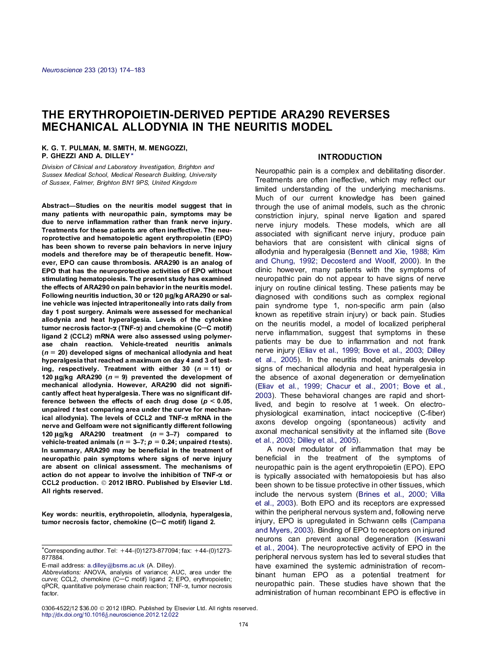 The erythropoietin-derived peptide ARA290 reverses mechanical allodynia in the neuritis model