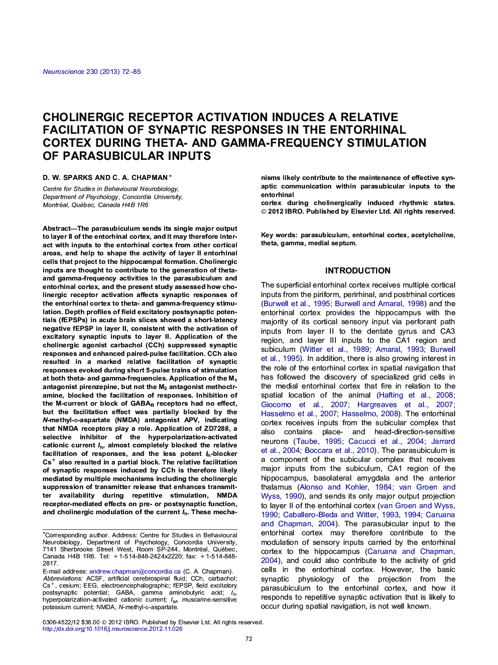 Cholinergic receptor activation induces a relative facilitation of synaptic responses in the entorhinal cortex during theta- and gamma-frequency stimulation of parasubicular inputs