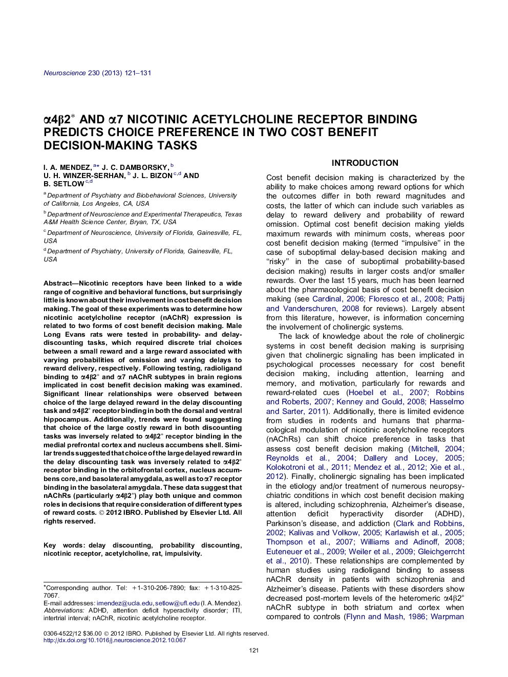 α4β2∗ and α7 nicotinic acetylcholine receptor binding predicts choice preference in two cost benefit decision-making tasks