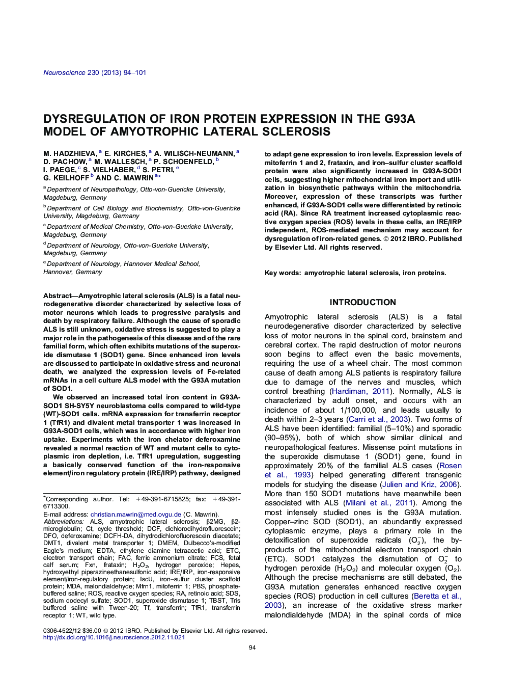 Dysregulation of iron protein expression in the G93A model of amyotrophic lateral sclerosis