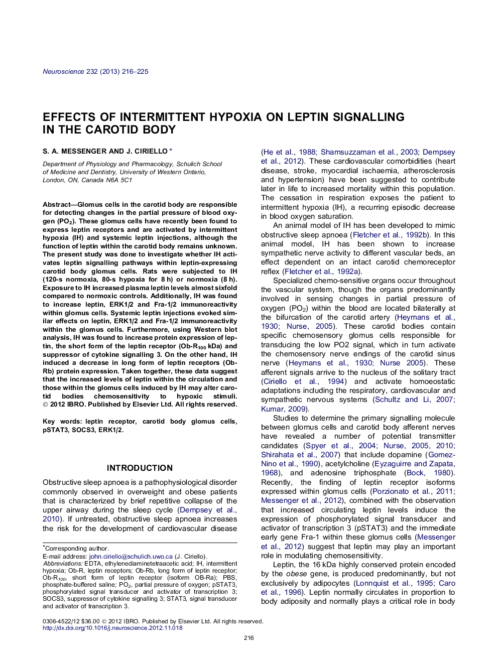 Effects of intermittent hypoxia on leptin signalling in the carotid body