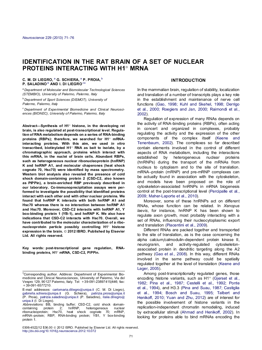 Identification in the rat brain of a set of nuclear proteins interacting with H1° mRNA