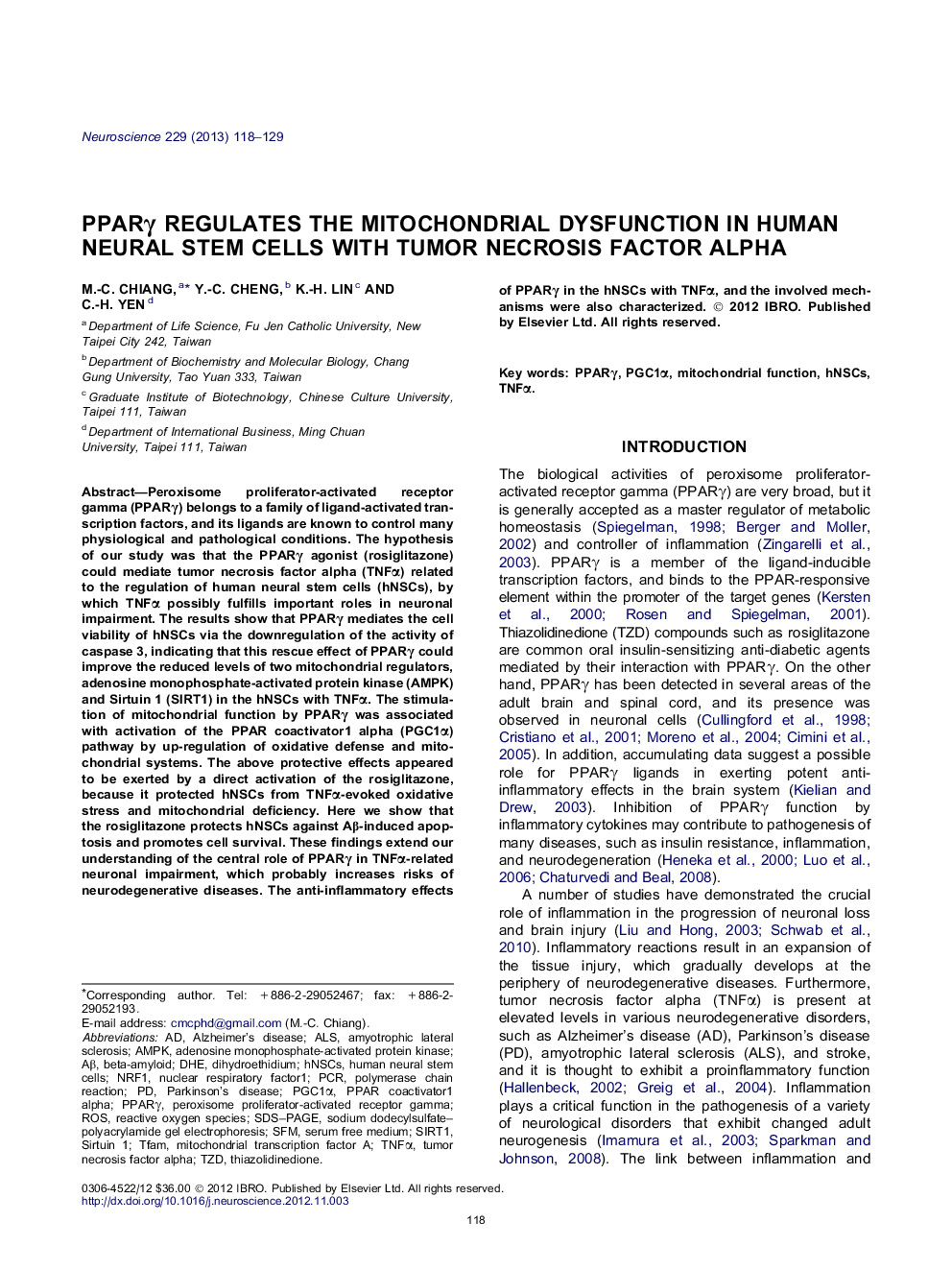 PPARÎ³ regulates the mitochondrial dysfunction in human neural stem cells with tumor necrosis factor alpha