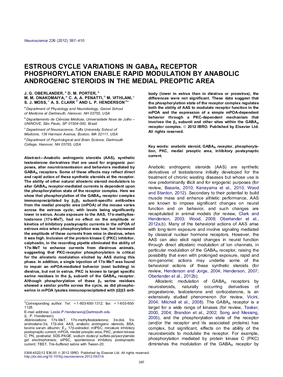 Estrous cycle variations in GABAA receptor phosphorylation enable rapid modulation by anabolic androgenic steroids in the medial preoptic area