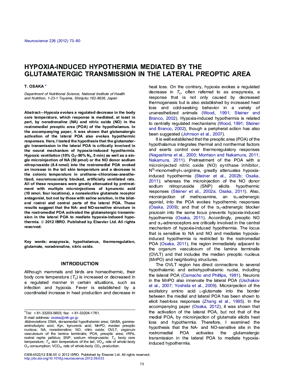 Hypoxia-induced hypothermia mediated by the glutamatergic transmission in the lateral preoptic area