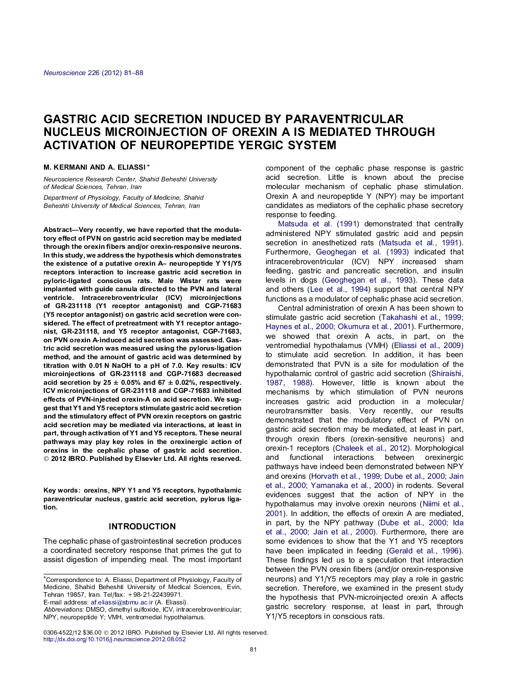 Gastric acid secretion induced by paraventricular nucleus microinjection of orexin A is mediated through activation of neuropeptide Yergic system