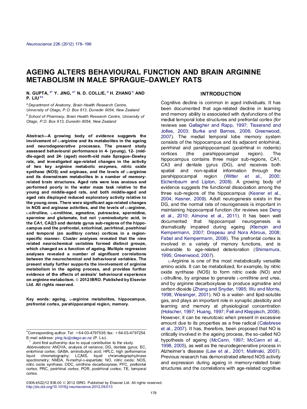 Ageing alters behavioural function and brain arginine metabolism in male Sprague–Dawley rats