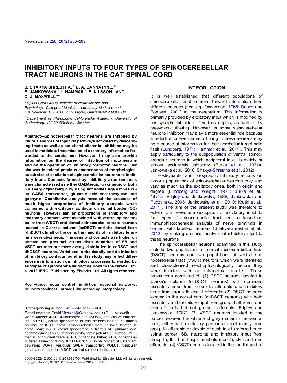 Inhibitory inputs to four types of spinocerebellar tract neurons in the cat spinal cord