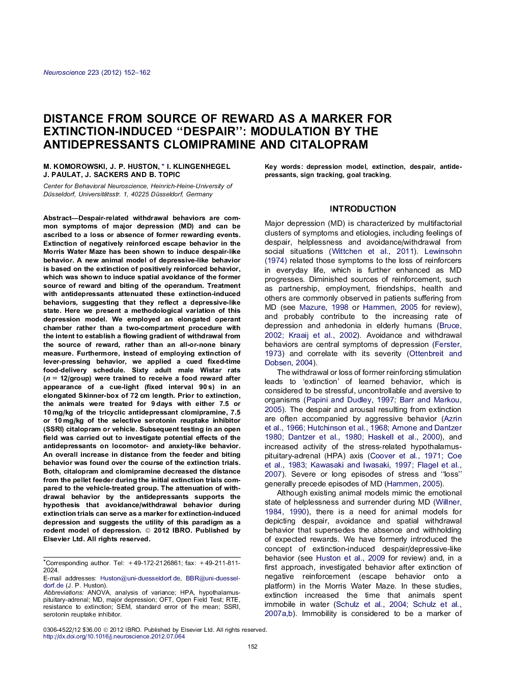 Distance from source of reward as a marker for extinction-induced “despair”: Modulation by the antidepressants clomipramine and citalopram