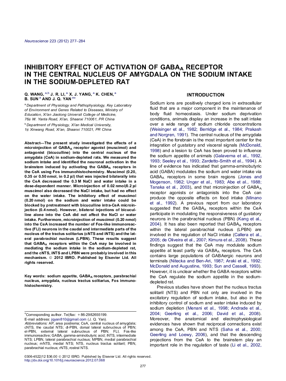 Inhibitory effect of activation of GABAA receptor in the central nucleus of amygdala on the sodium intake in the sodium-depleted rat