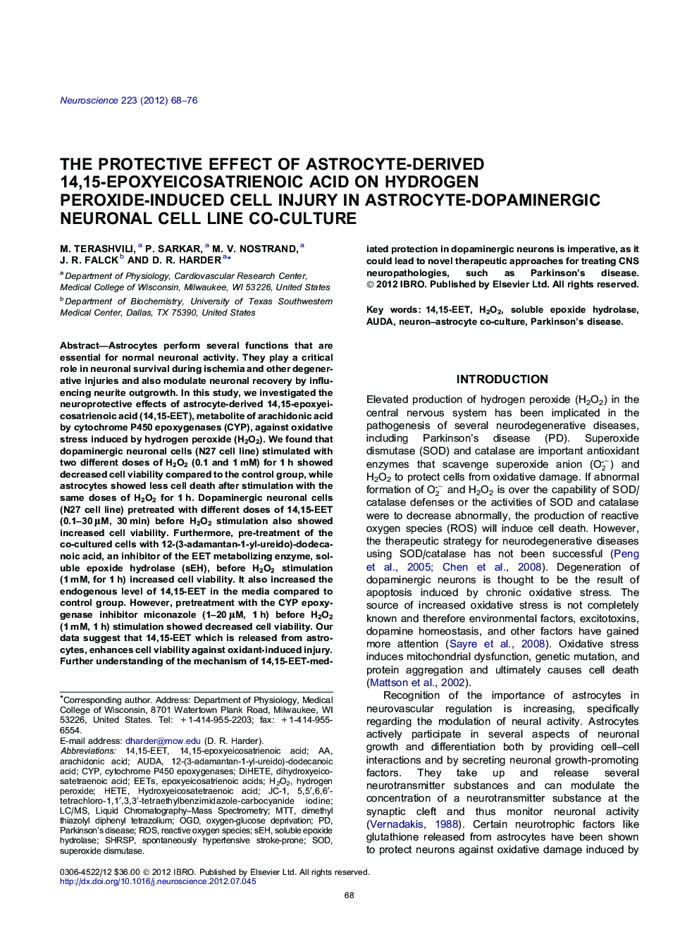 The protective effect of astrocyte-derived 14,15-epoxyeicosatrienoic acid on hydrogen peroxide-induced cell injury in astrocyte-dopaminergic neuronal cell line co-culture