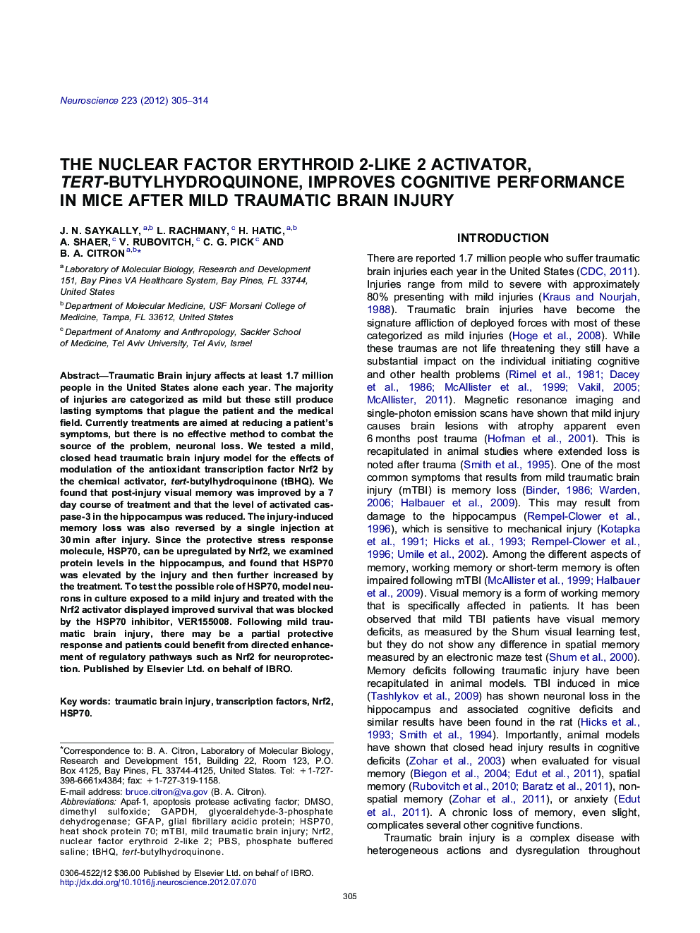 The nuclear factor erythroid 2-like 2 activator, tert-butylhydroquinone, improves cognitive performance in mice after mild traumatic brain injury