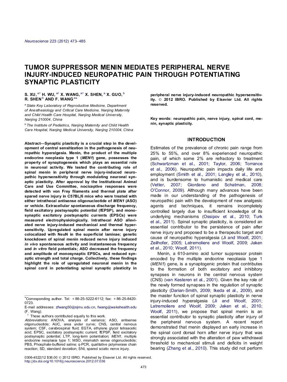 Tumor suppressor menin mediates peripheral nerve injury-induced neuropathic pain through potentiating synaptic plasticity