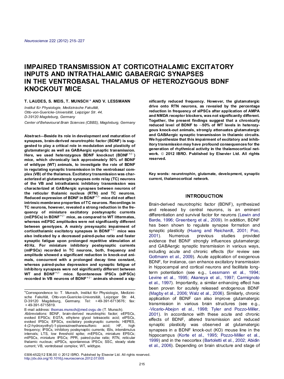 Impaired transmission at corticothalamic excitatory inputs and intrathalamic GABAergic synapses in the ventrobasal thalamus of heterozygous BDNF knockout mice