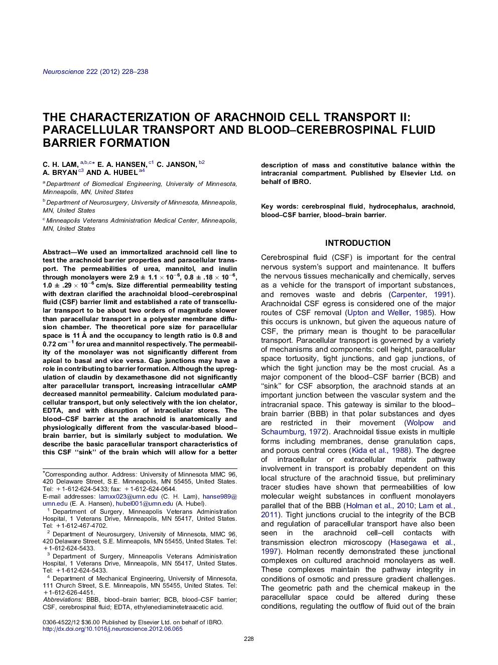 The characterization of arachnoid cell transport II: Paracellular transport and blood–cerebrospinal fluid barrier formation