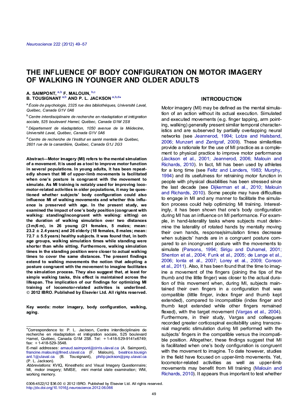 The influence of body configuration on motor imagery of walking in younger and older adults