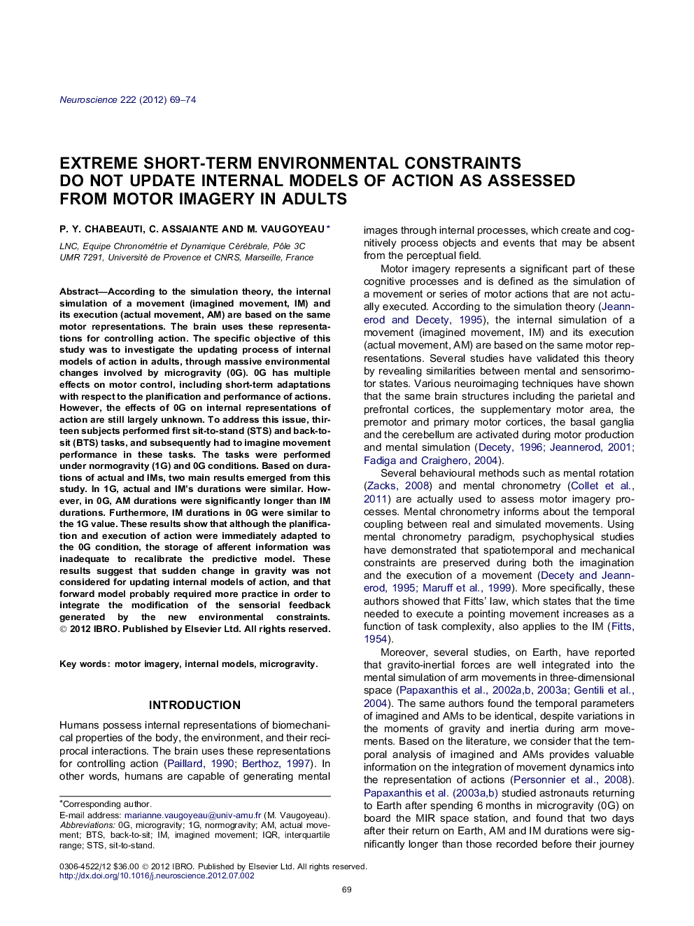 Extreme short-term environmental constraints do not update internal models of action as assessed from motor imagery in adults