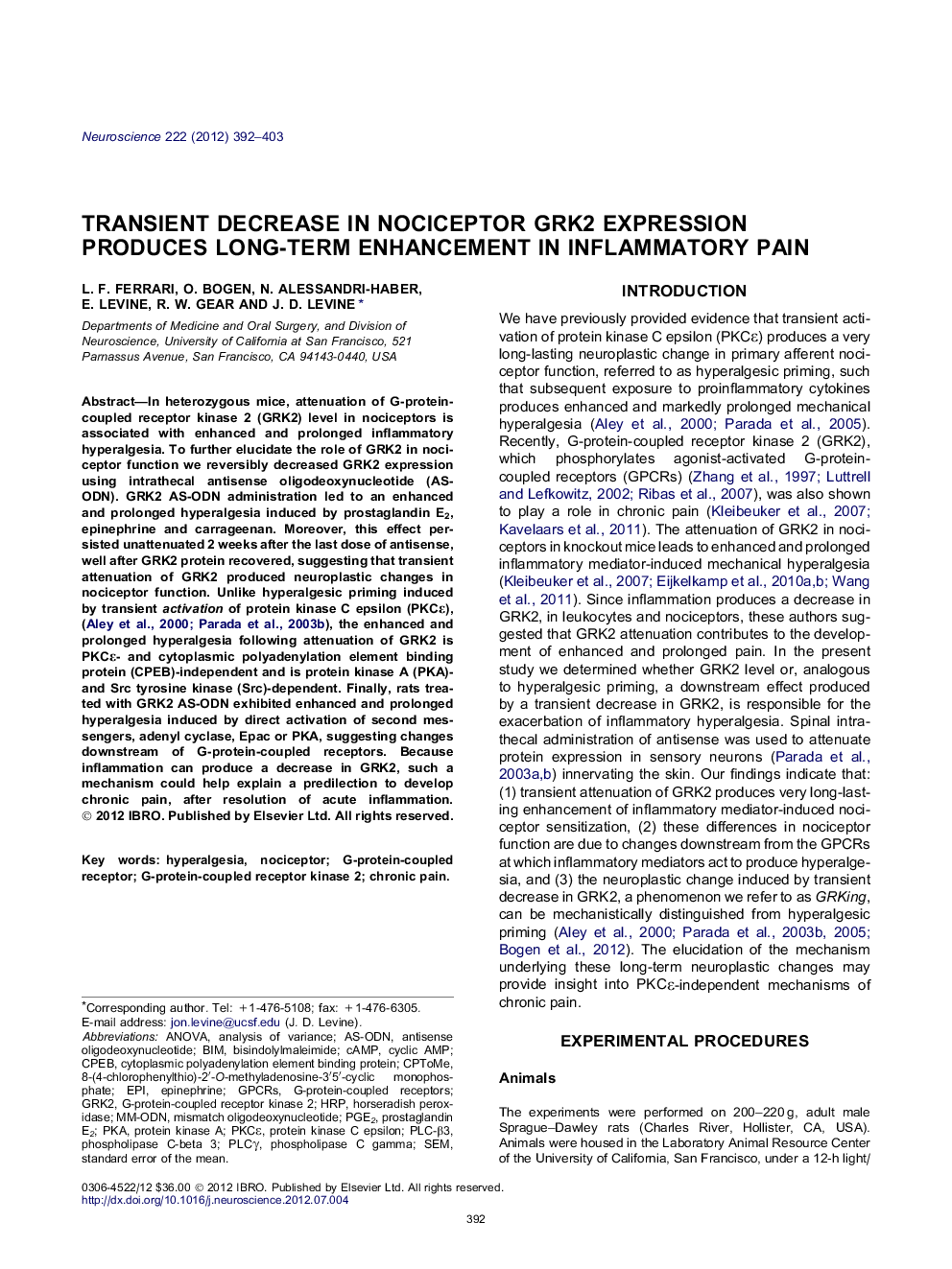 Transient decrease in nociceptor GRK2 expression produces long-term enhancement in inflammatory pain