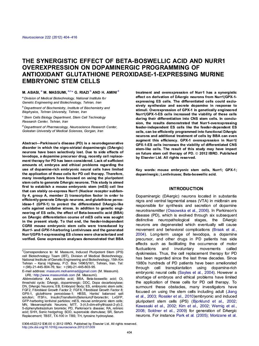 The synergistic effect of beta-boswellic acid and Nurr1 overexpression on dopaminergic programming of antioxidant glutathione peroxidase-1-expressing murine embryonic stem cells