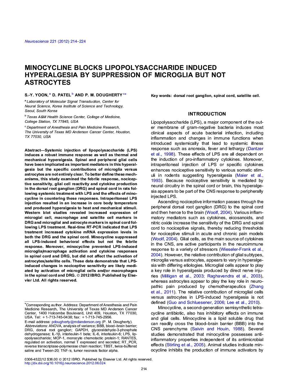 Minocycline blocks lipopolysaccharide induced hyperalgesia by suppression of microglia but not astrocytes