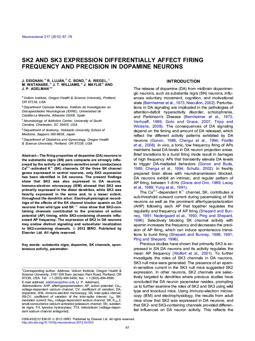 SK2 and SK3 expression differentially affect firing frequency and precision in dopamine neurons