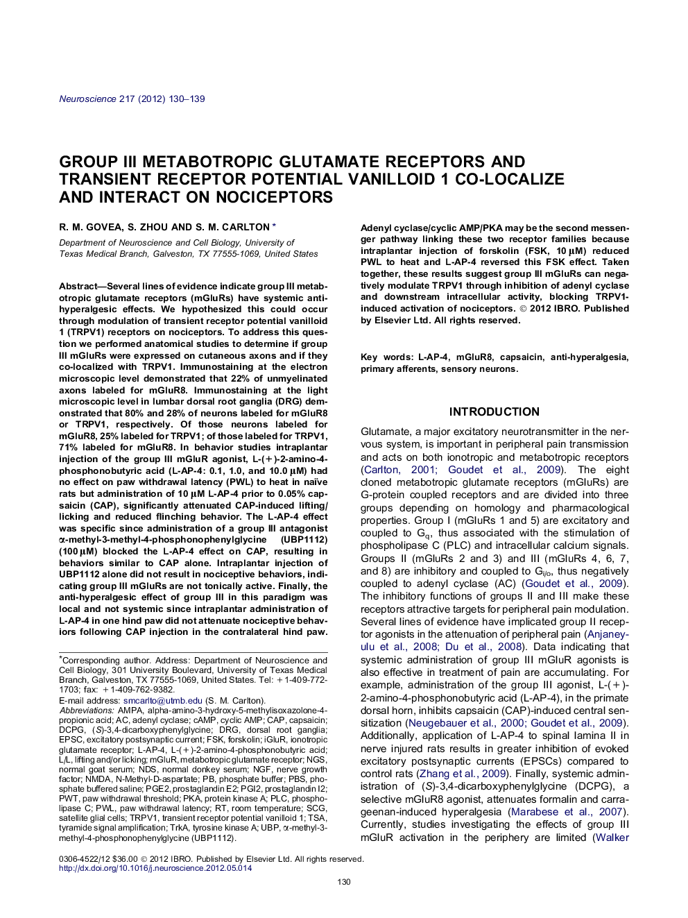 Group III metabotropic glutamate receptors and transient receptor potential vanilloid 1 co-localize and interact on nociceptors