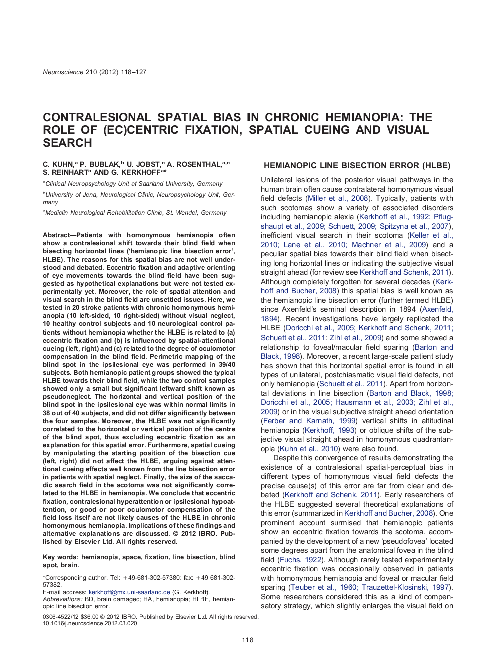 عکس صفحه اول مقاله: Contralesional spatial bias in chronic hemianopia: the role of (ec)centric fixation, spatial cueing and visual search Contralesional spatial bias in chronic hemianopia: the role of (ec)centric fixation, spatial cueing and visual search