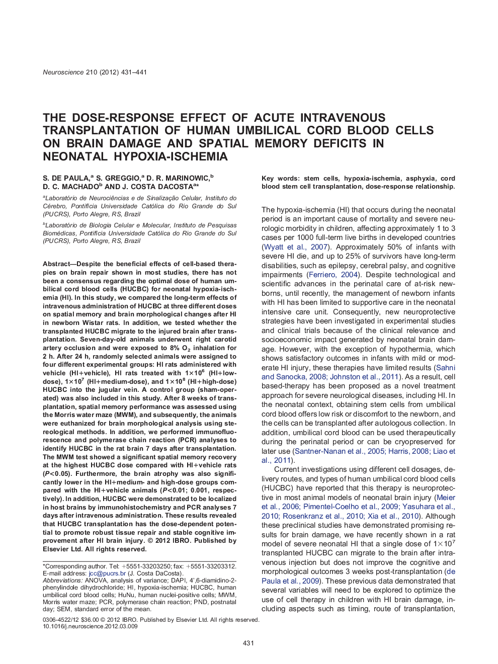 The dose-response effect of acute intravenous transplantation of human umbilical cord blood cells on brain damage and spatial memory deficits in neonatal hypoxia-ischemia