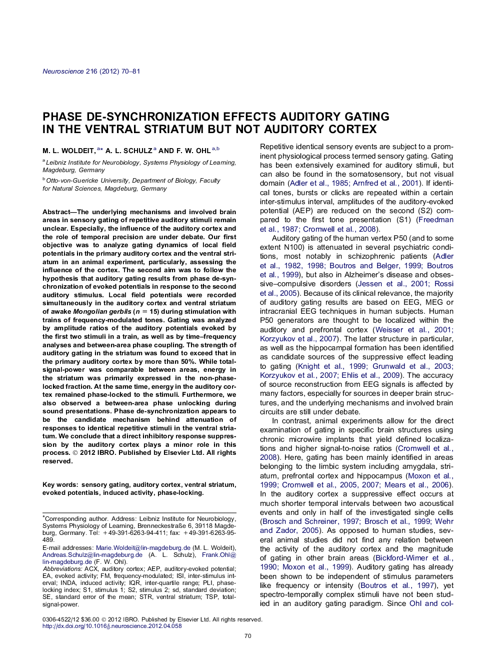 Phase de-synchronization effects auditory gating in the ventral striatum but not auditory cortex