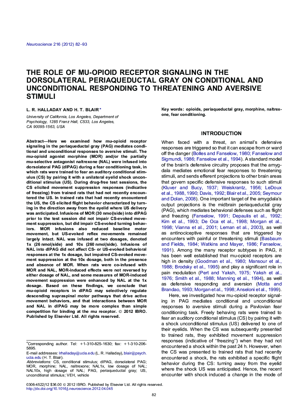 The role of mu-opioid receptor signaling in the dorsolateral periaqueductal gray on conditional and unconditional responding to threatening and aversive stimuli