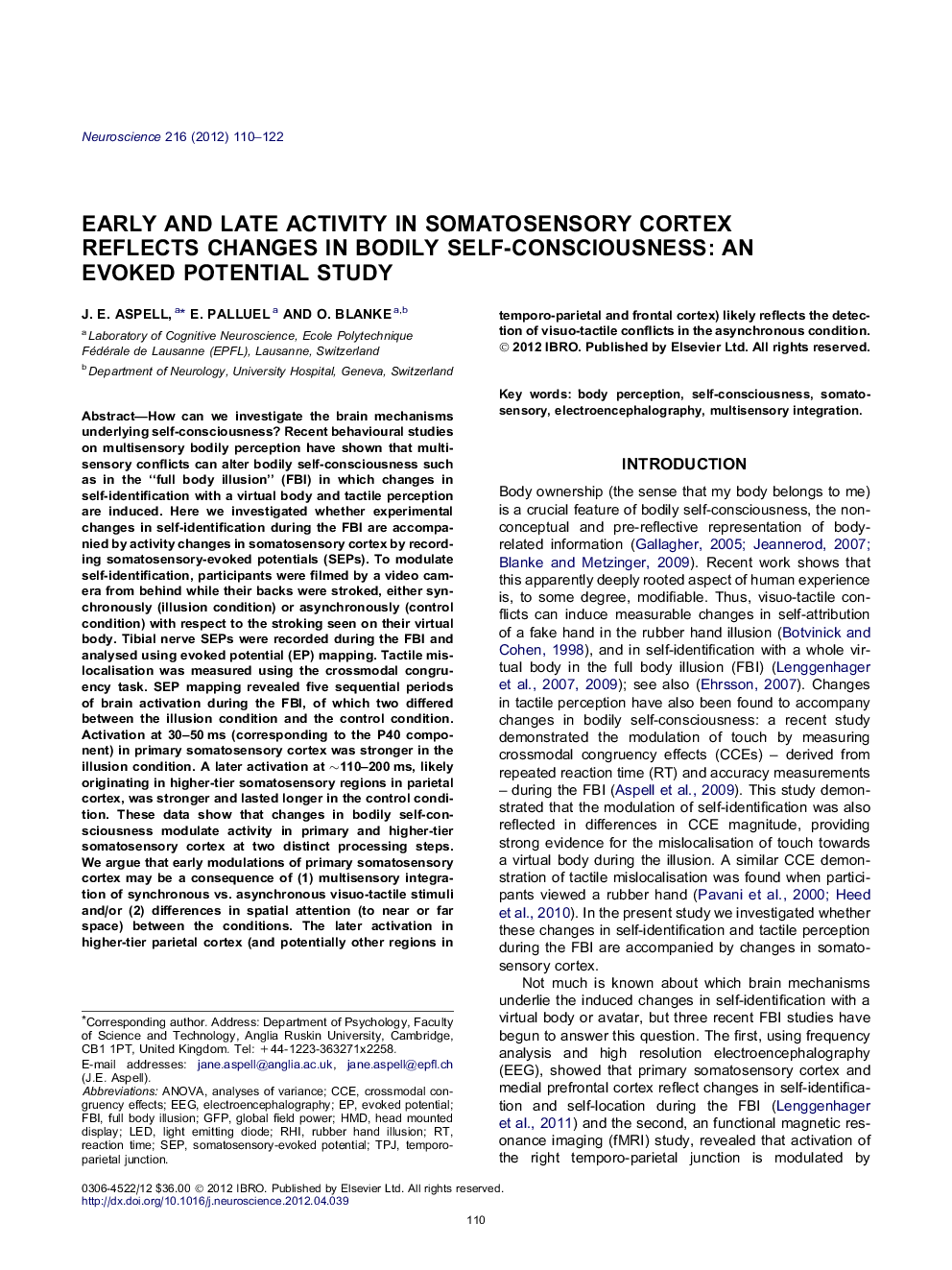 Early and late activity in somatosensory cortex reflects changes in bodily self-consciousness: An evoked potential study