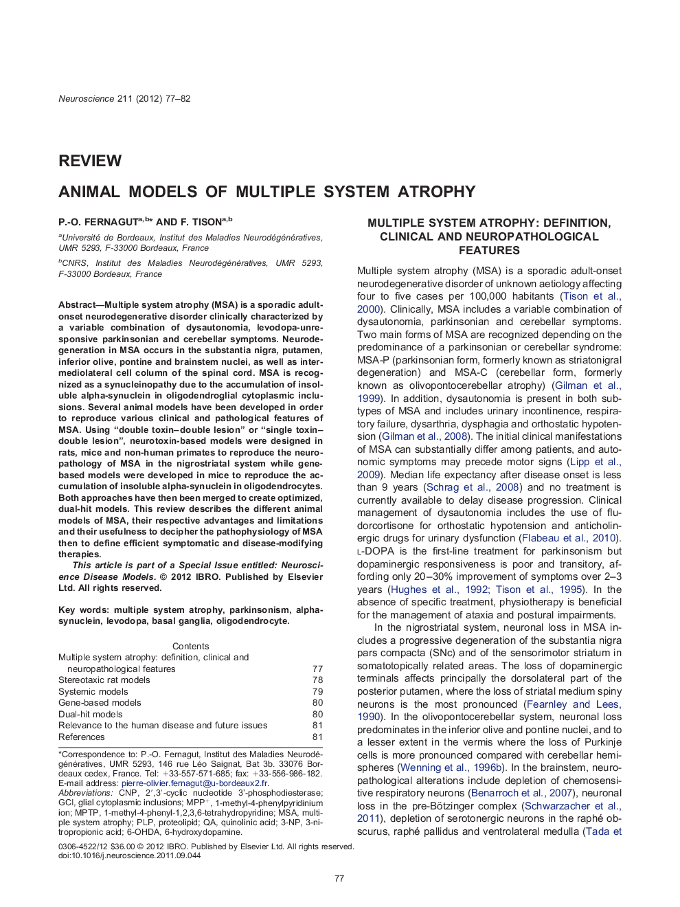 Animal models of multiple system atrophy