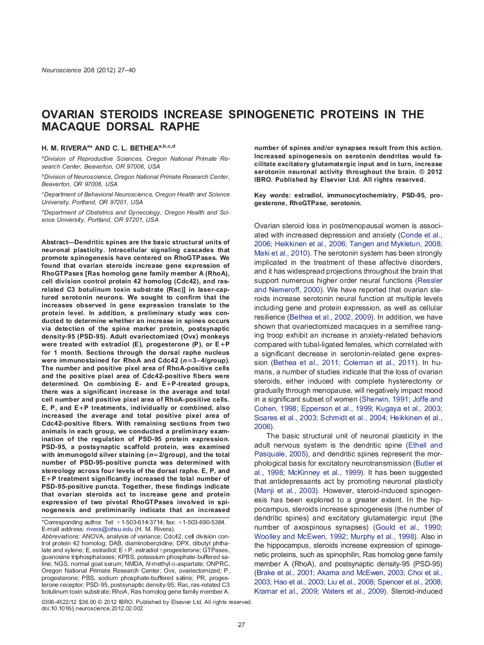 Ovarian steroids increase spinogenetic proteins in the macaque dorsal raphe