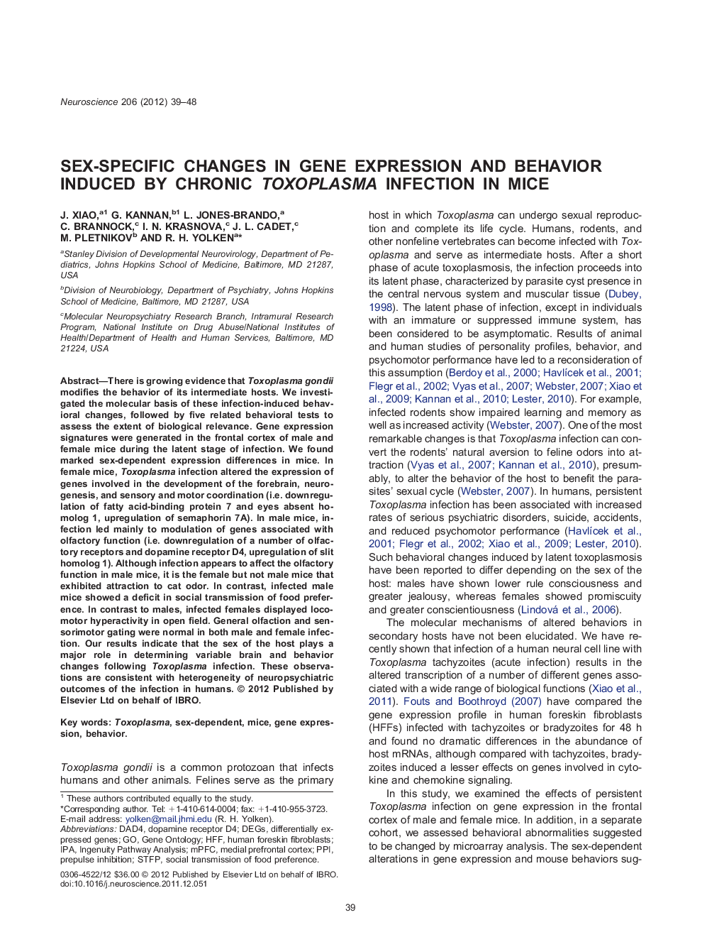 Sex-specific changes in gene expression and behavior induced by chronic Toxoplasma infection in mice