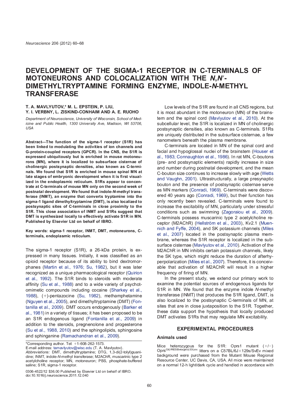 Development of the sigma-1 receptor in C-terminals of motoneurons and colocalization with the N,N′-dimethyltryptamine forming enzyme, indole-N-methyl transferase