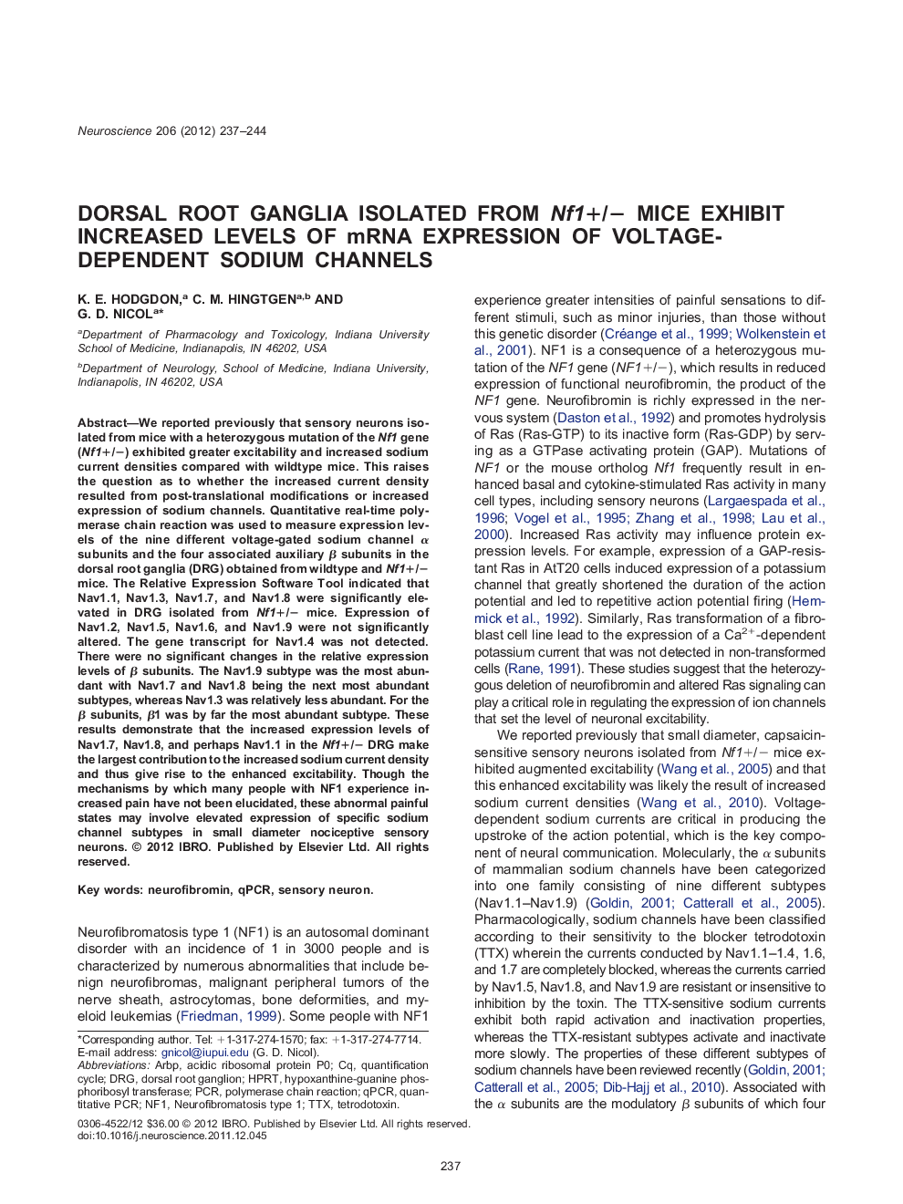 Dorsal root ganglia isolated from Nf1+/â mice exhibit increased levels of mRNA expression of voltage-dependent sodium channels