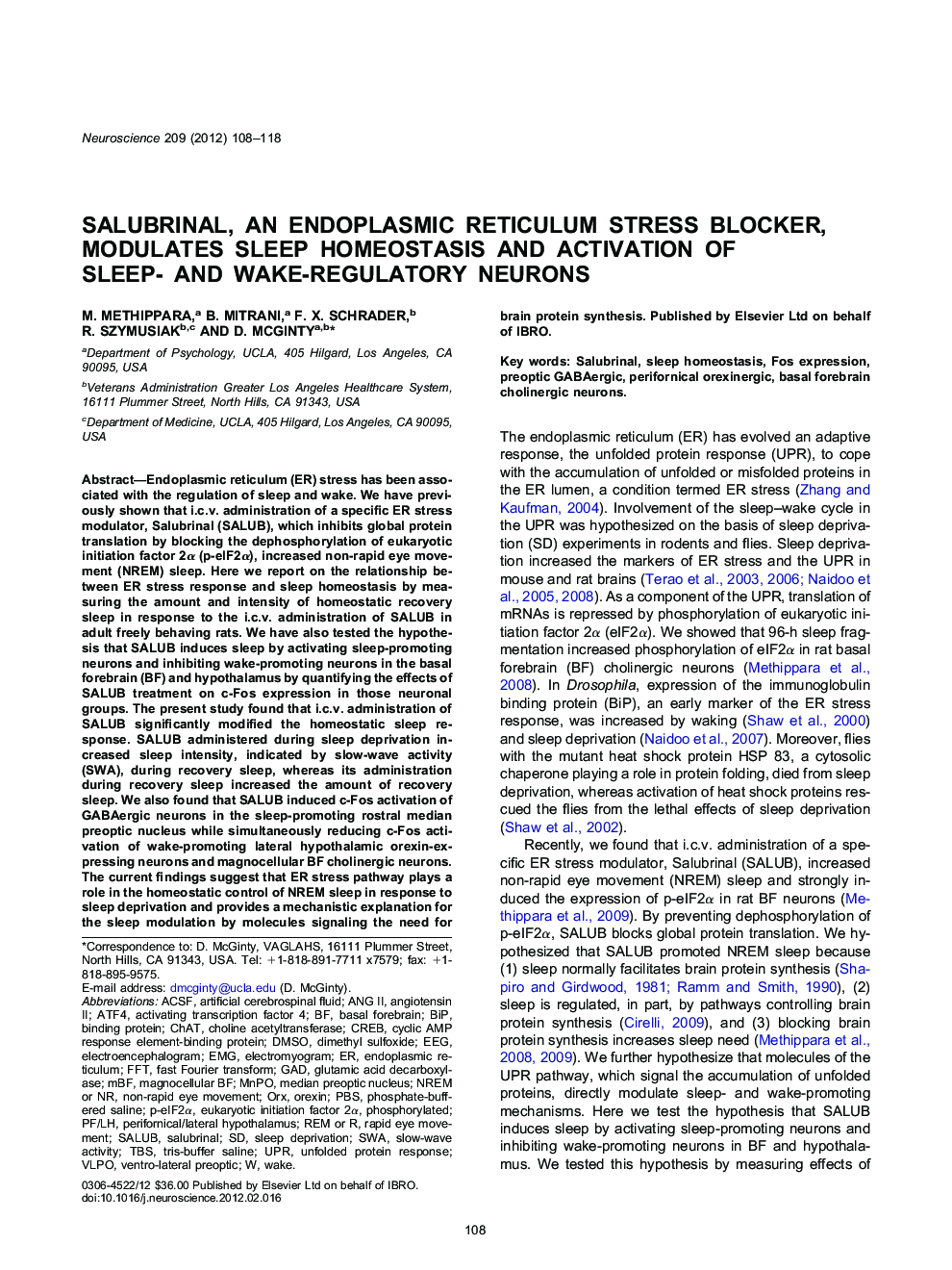 Salubrinal, an endoplasmic reticulum stress blocker, modulates sleep homeostasis and activation of sleep- and wake-regulatory neurons