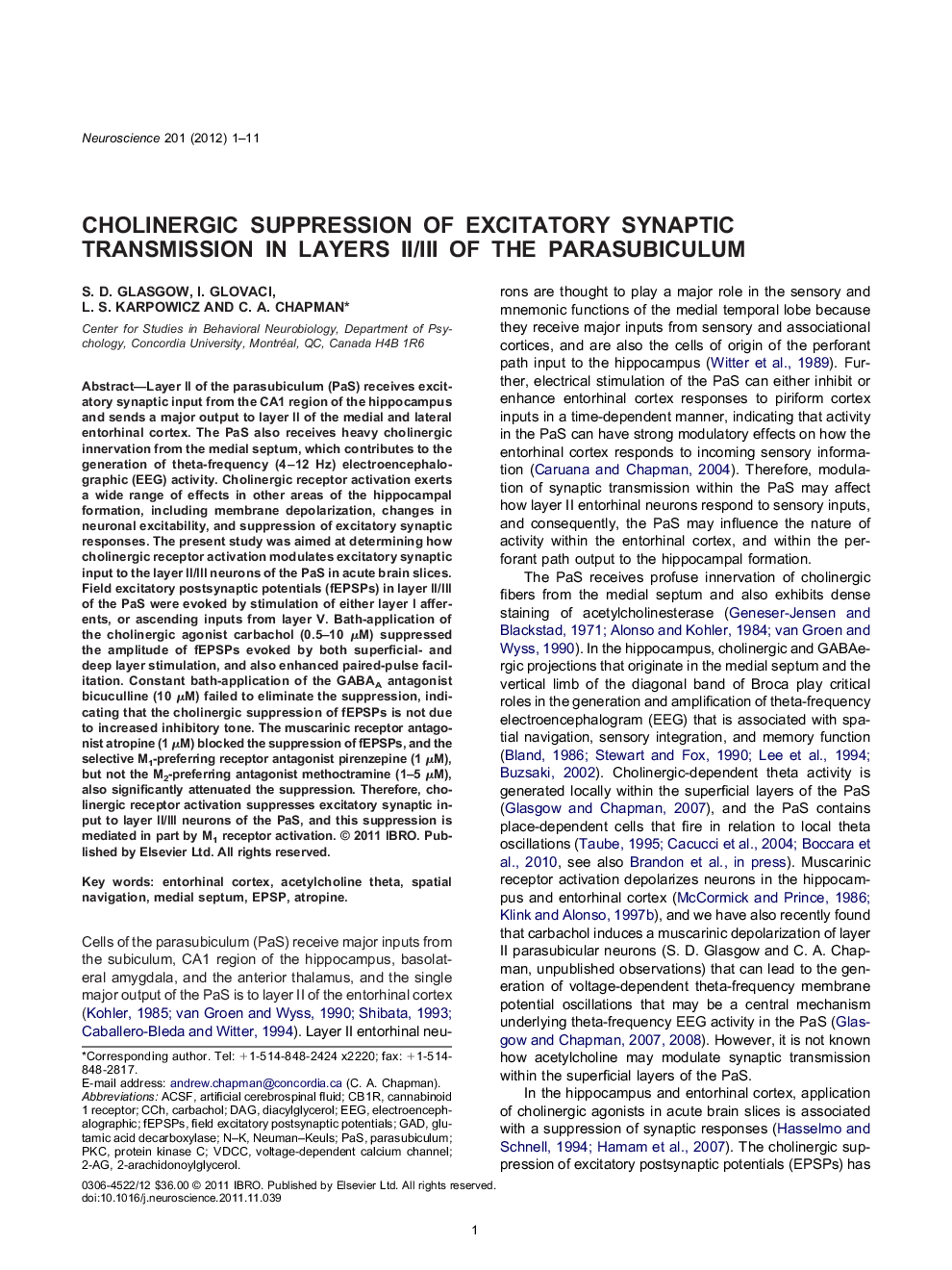 Cholinergic suppression of excitatory synaptic transmission in layers II/III of the parasubiculum