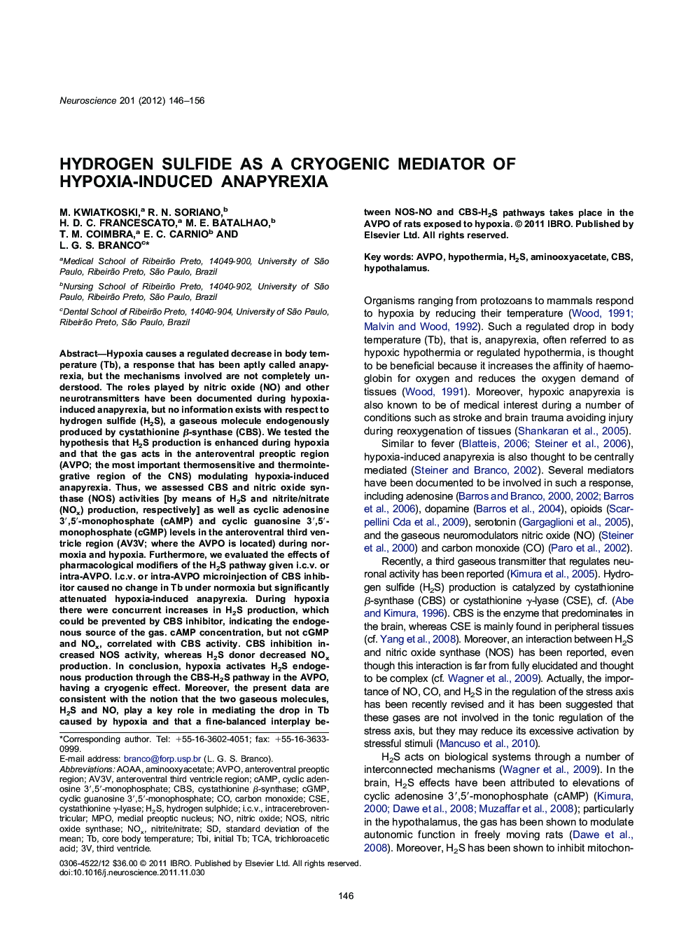 Hydrogen sulfide as a cryogenic mediator of hypoxia-induced anapyrexia