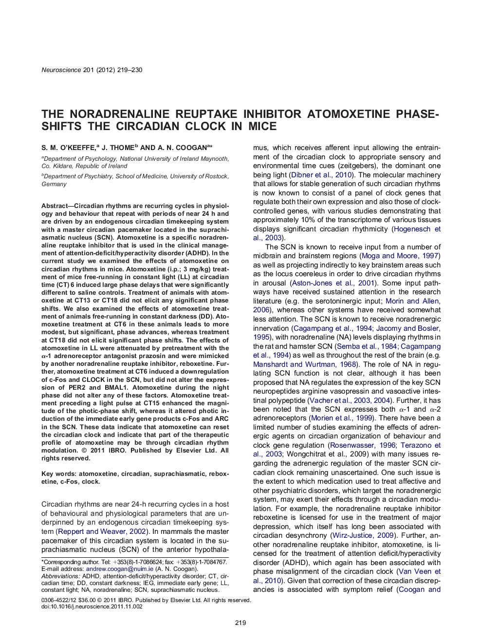 The noradrenaline reuptake inhibitor atomoxetine phase-shifts the circadian clock in mice