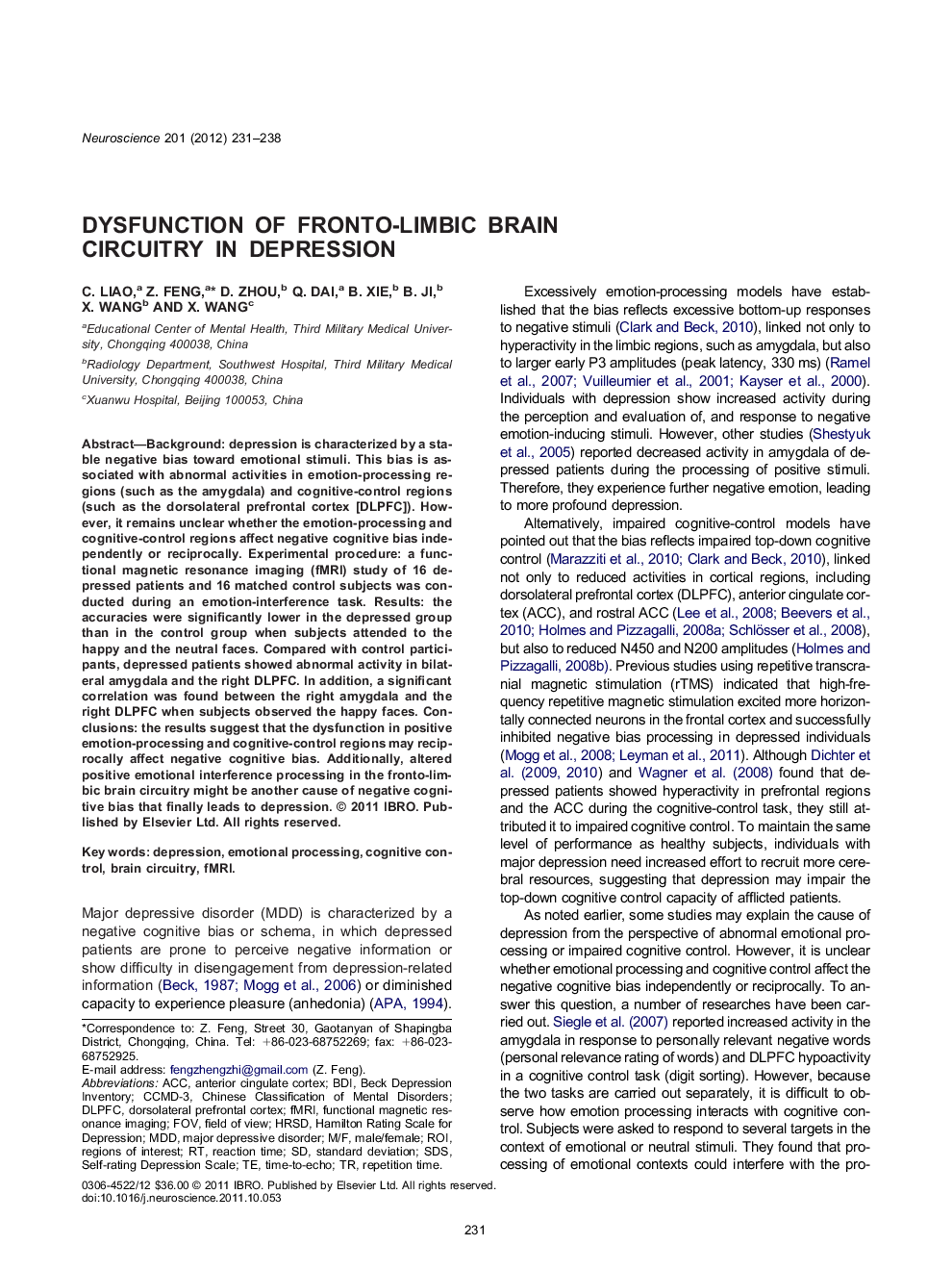 Dysfunction of fronto-limbic brain circuitry in depression